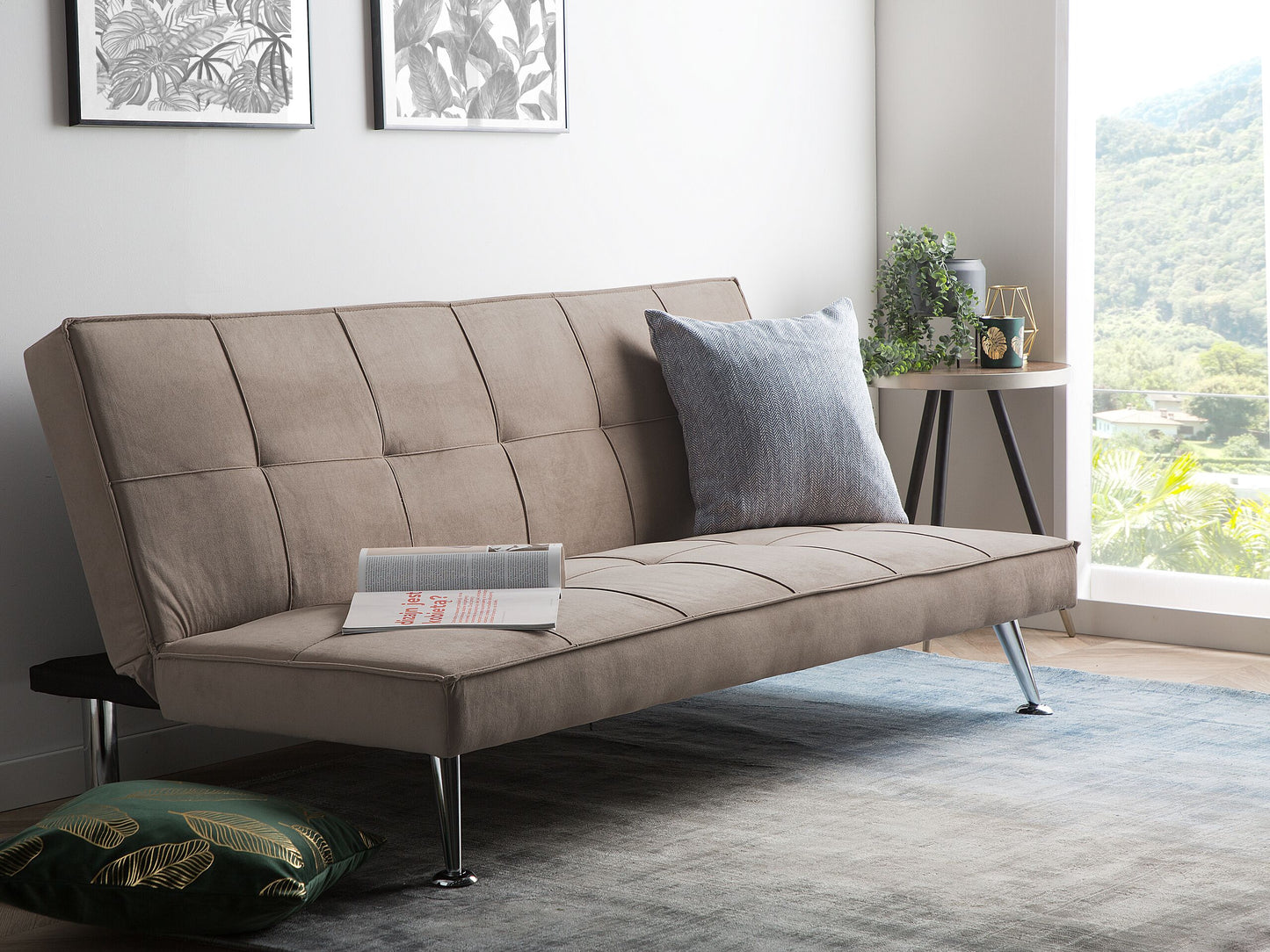 Sofa Bed Beige 3-Seater Quilted Upholstery Click Clack Metal Legs Beliani