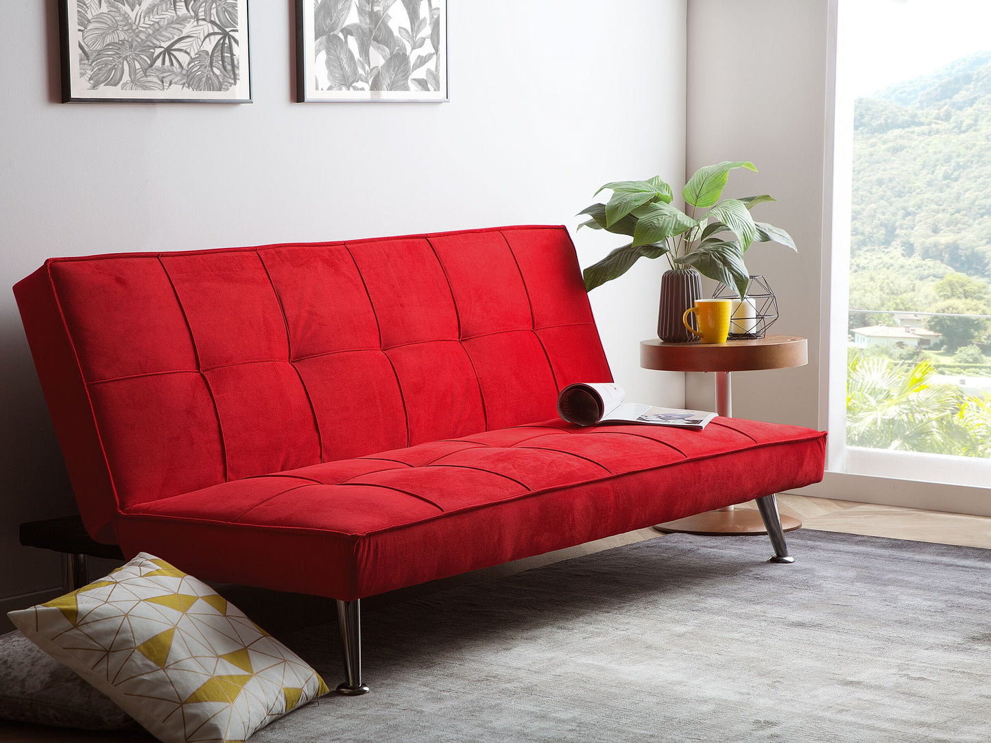 Sofa Bed Red 3-Seater Quilted Upholstery Click Clack Metal Legs Beliani