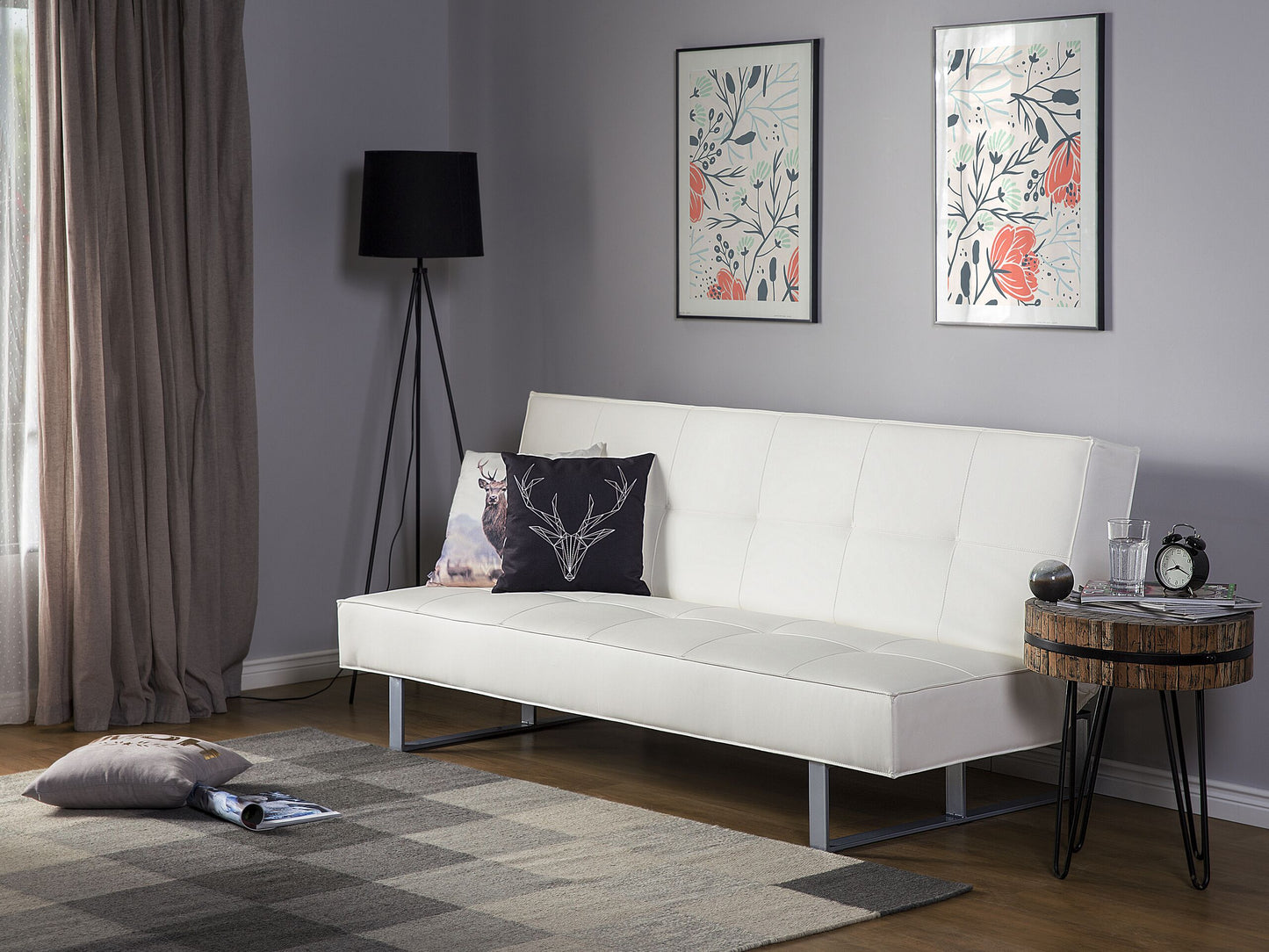Sofa Bed White Faux Leather Modern Living Room Convertible 3 Seater Armless Minimalistic Design Beliani
