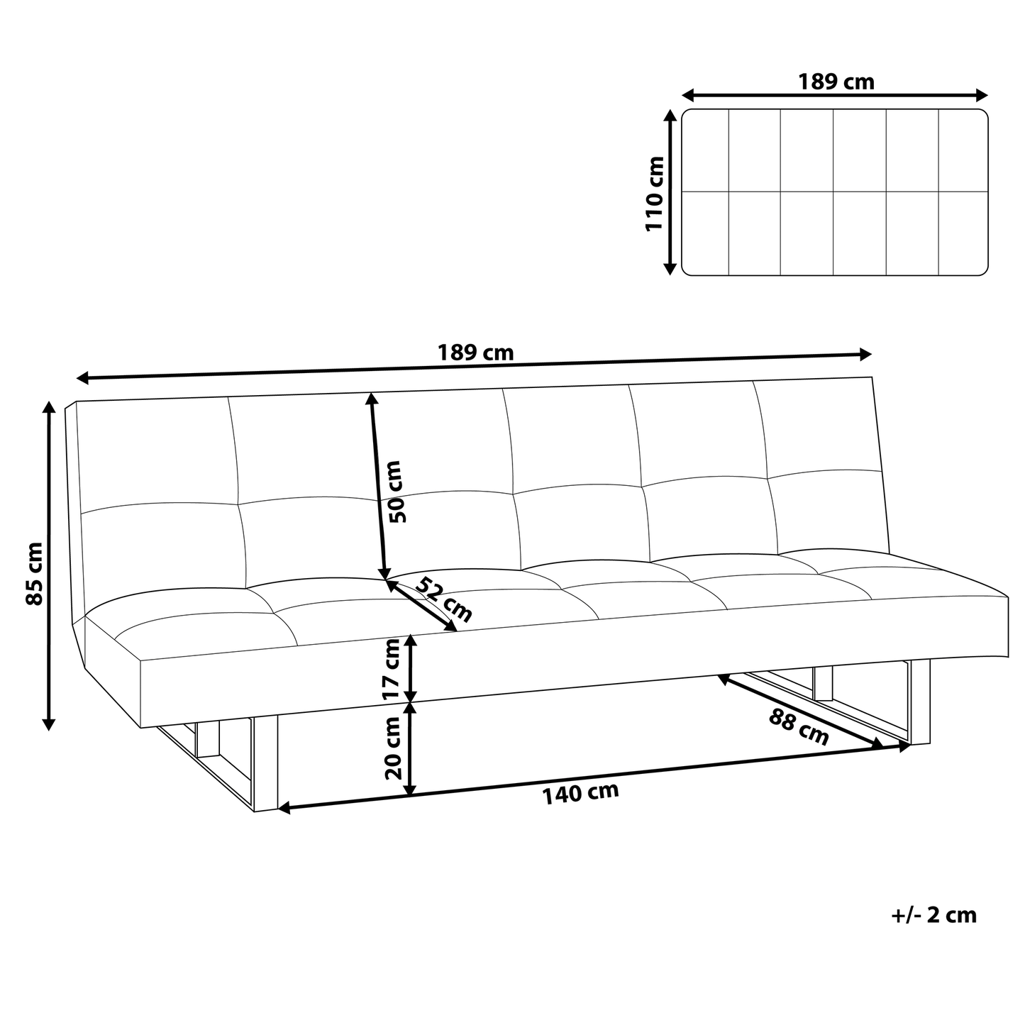 Sofa Bed White Faux Leather Modern Living Room Convertible 3 Seater Armless Minimalistic Design Beliani