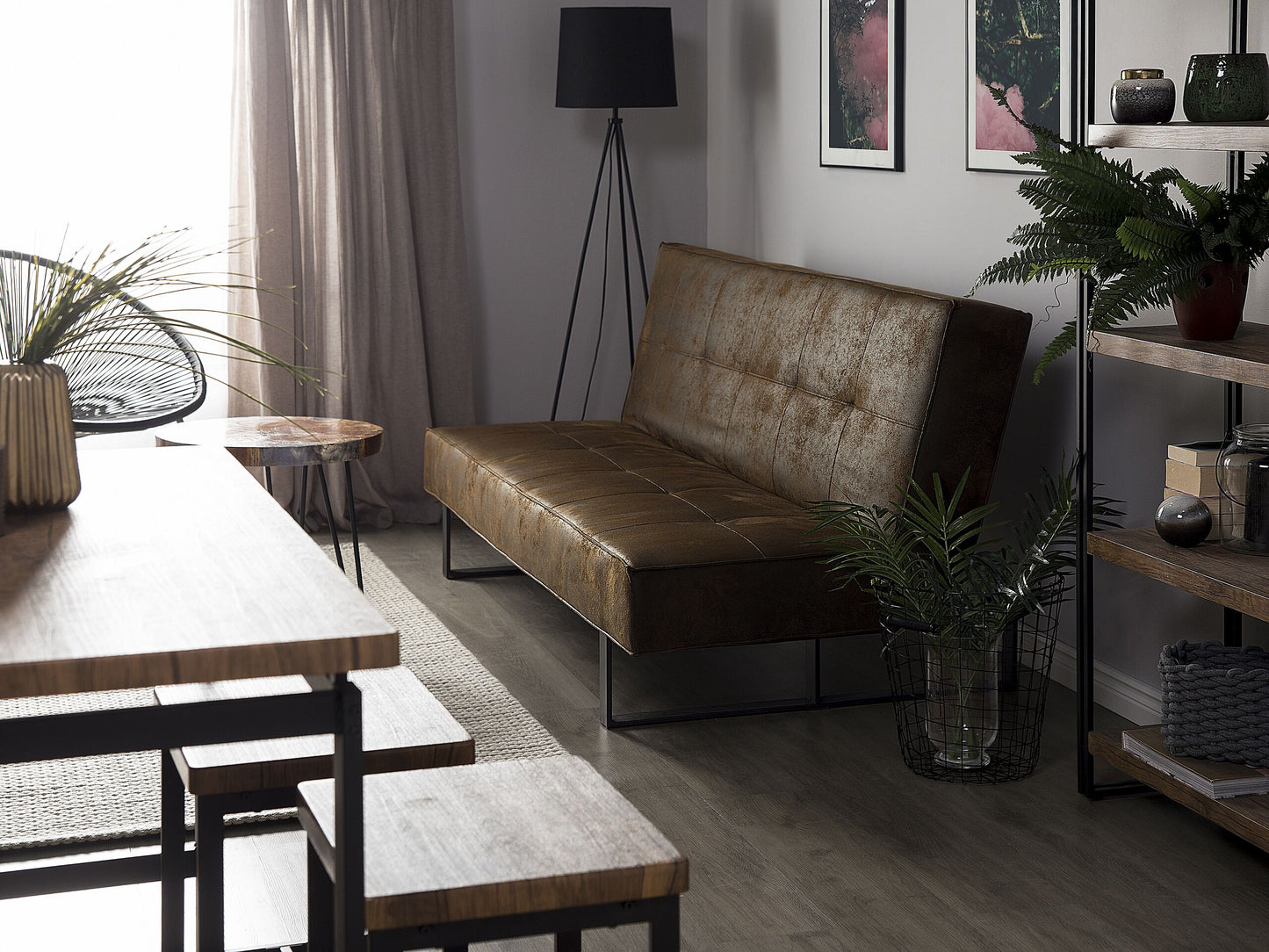Sofa Bed Brown Faux Leather Modern Living Room Convertible 3 Seater Armless Minimalistic Design Beliani