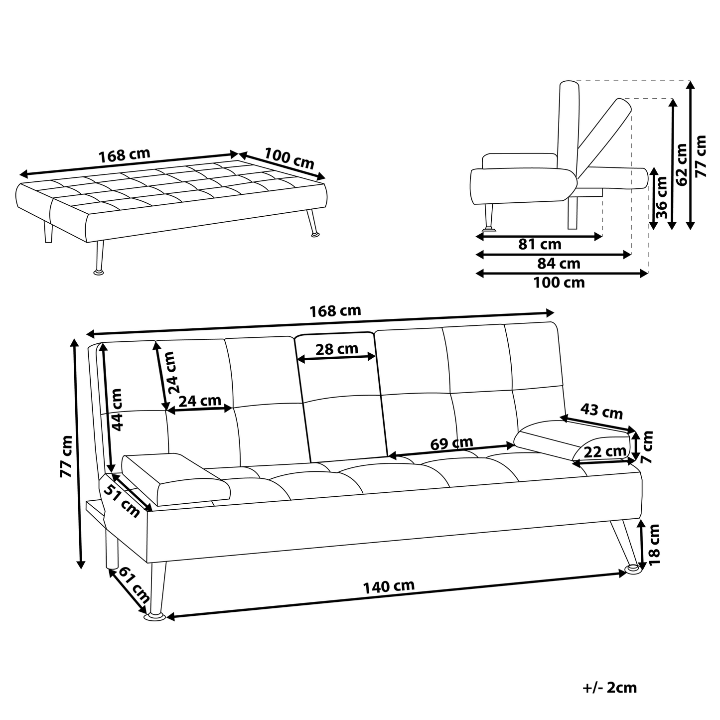 Sofa Bed Black 3 Seater Drop Down Table Click Clack Beliani