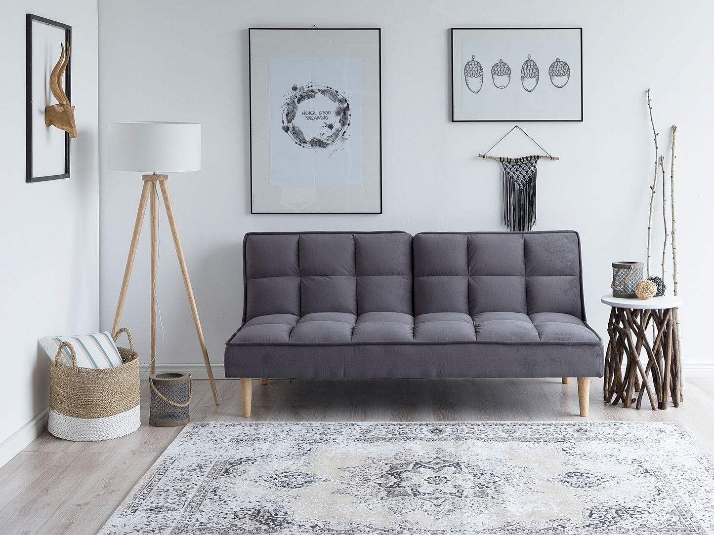 Sofa Bed Dark Grey 3 Seater Reclining Back Quilted Beliani