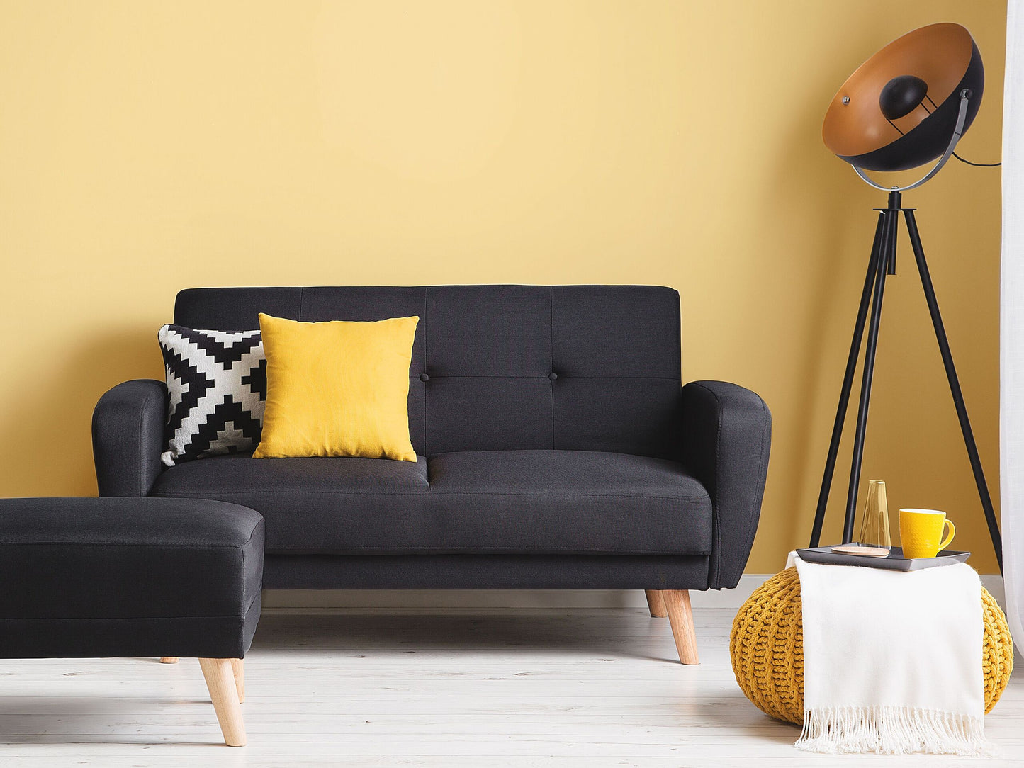 Sofa Bed Black Fabric Upholstered 2 Seater Convertible Wooden Legs Modern Minimalistic Living Room Beliani