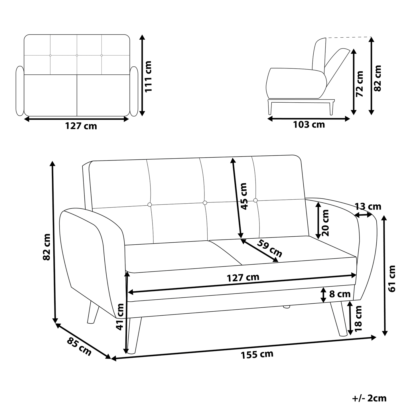 Sofa Bed Black Fabric Upholstered 2 Seater Convertible Wooden Legs Modern Minimalistic Living Room Beliani