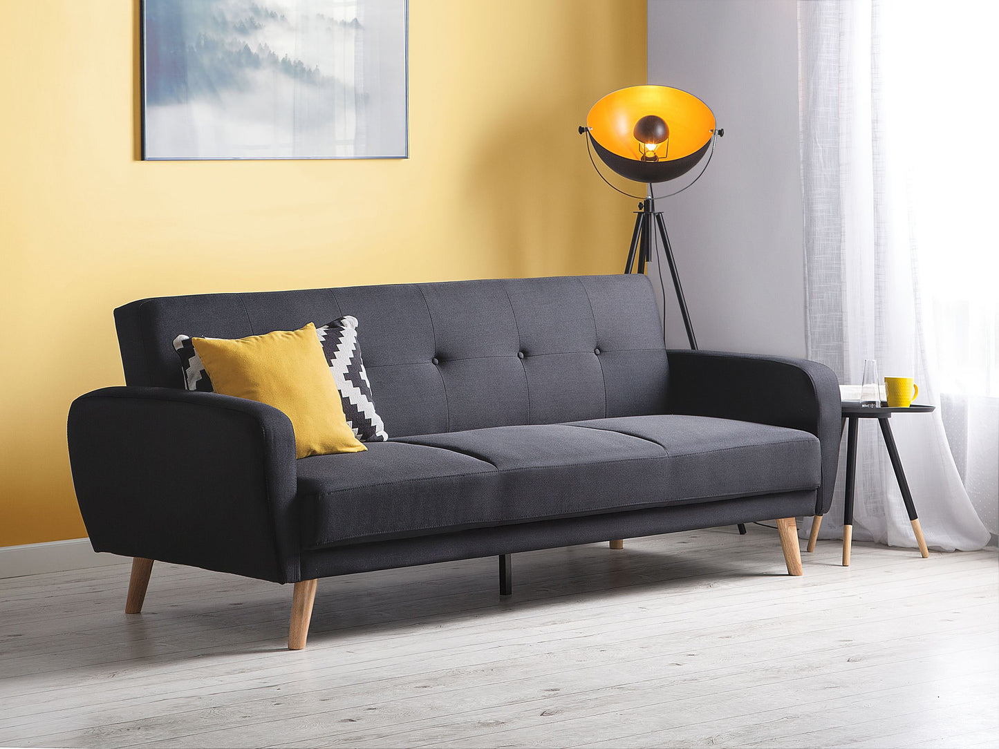 Sofa Bed Black Fabric Upholstered 3 Seater Convertible Wooden Legs Modern Minimalistic Living Room Beliani