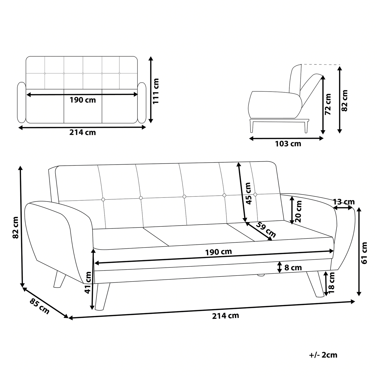 Sofa Bed Black Fabric Upholstered 3 Seater Convertible Wooden Legs Modern Minimalistic Living Room Beliani