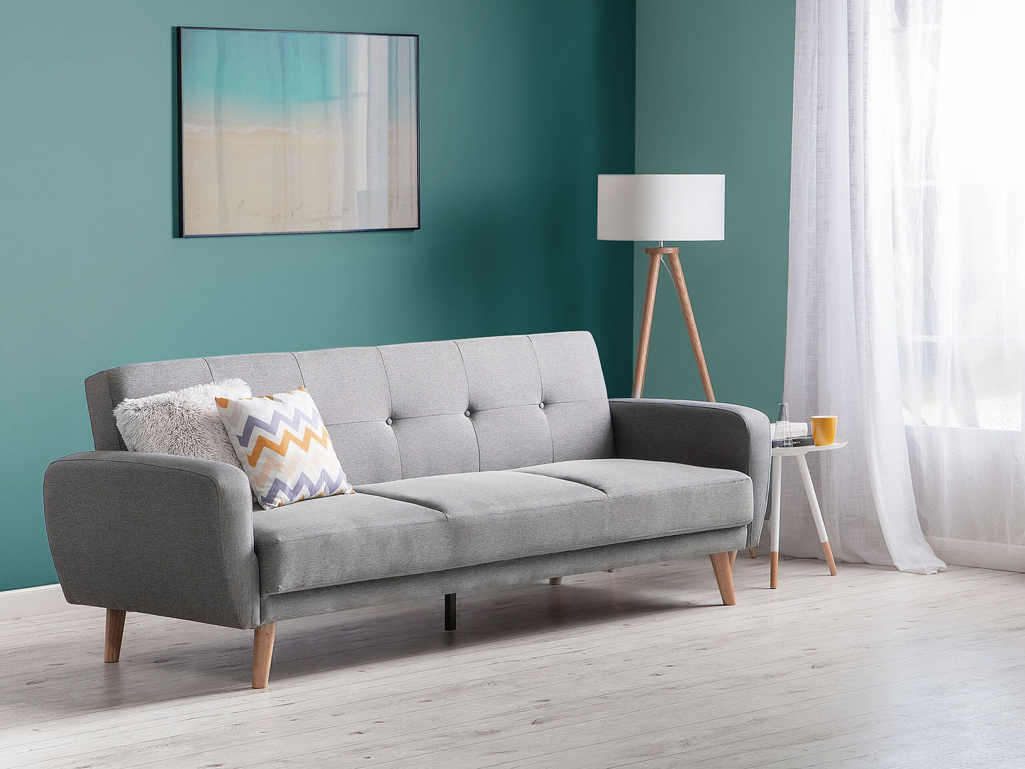 Sofa Bed Grey Fabric Upholstered 3 Seater Convertible Wooden Legs Modern Minimalistic Living Room Beliani