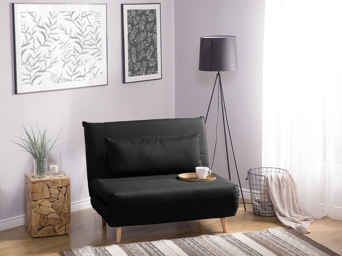 Small Sofa Bed Black Fabric 1 Seater Fold-Out Sleeper Armless Scandinavian Beliani