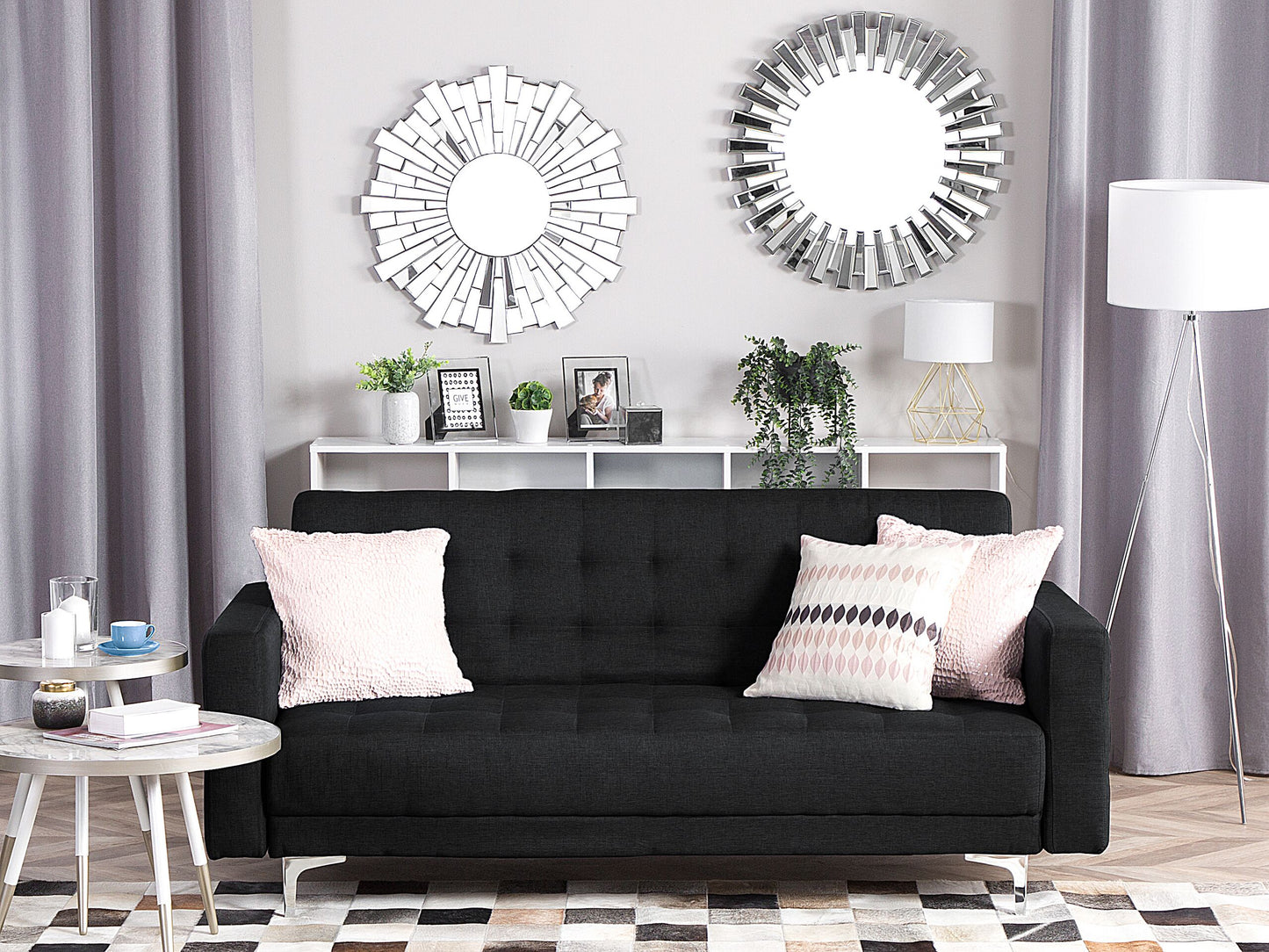 Sofa Bed Graphite Grey Tufted Fabric Modern Living Room Modular 3 Seater Silver Legs Track Arm Beliani