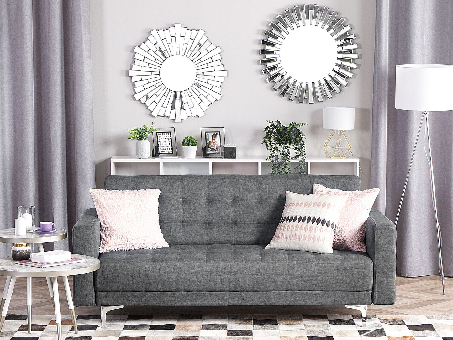 Sofa Bed Grey Tufted Fabric Modern Living Room Modular 3 Seater Silver Legs Track Arm Beliani