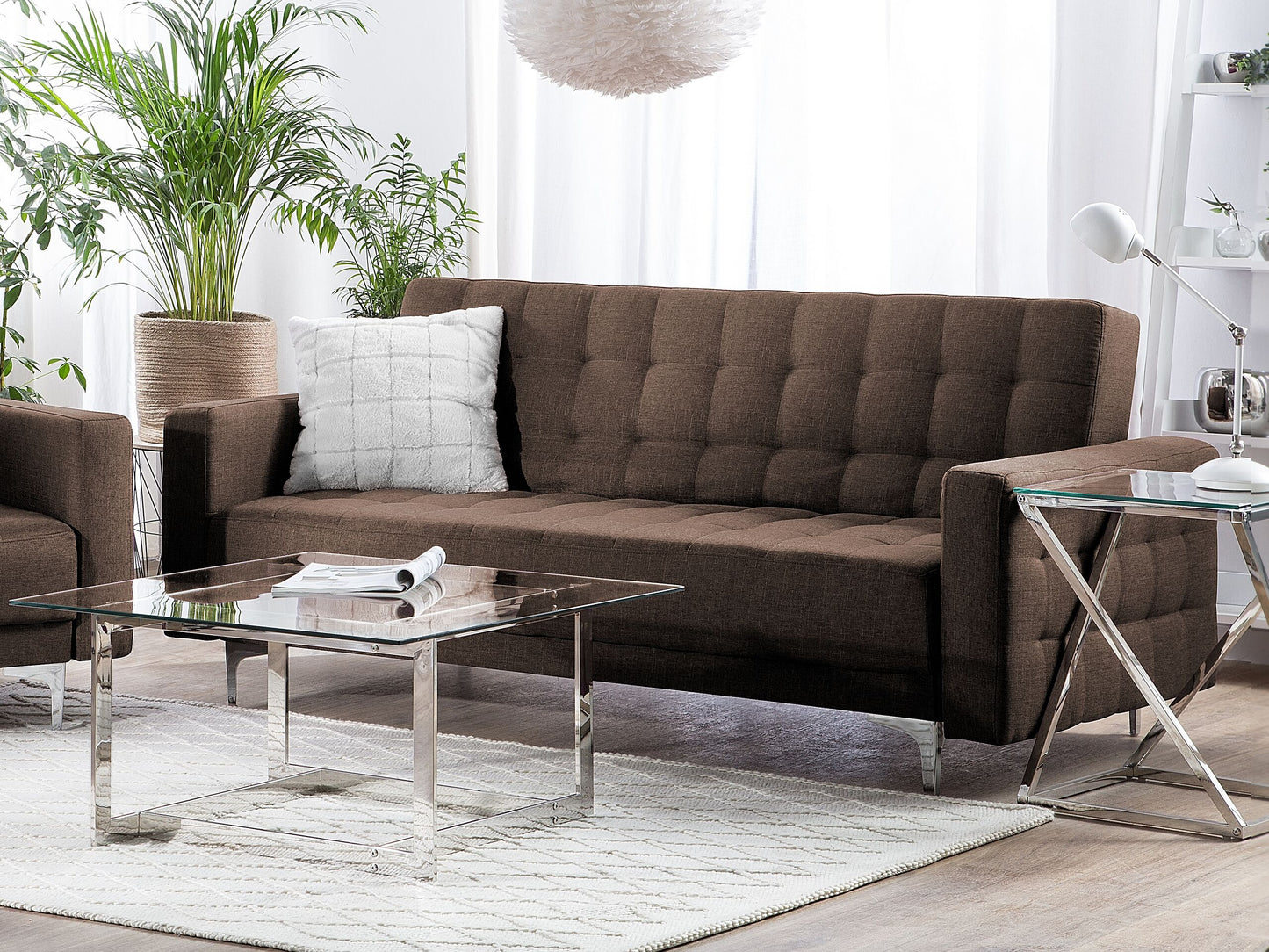 Sofa Bed Dark Brown Tufted Fabric Modern Living Room Modular 3 Seater Silver Legs Track Arm Beliani