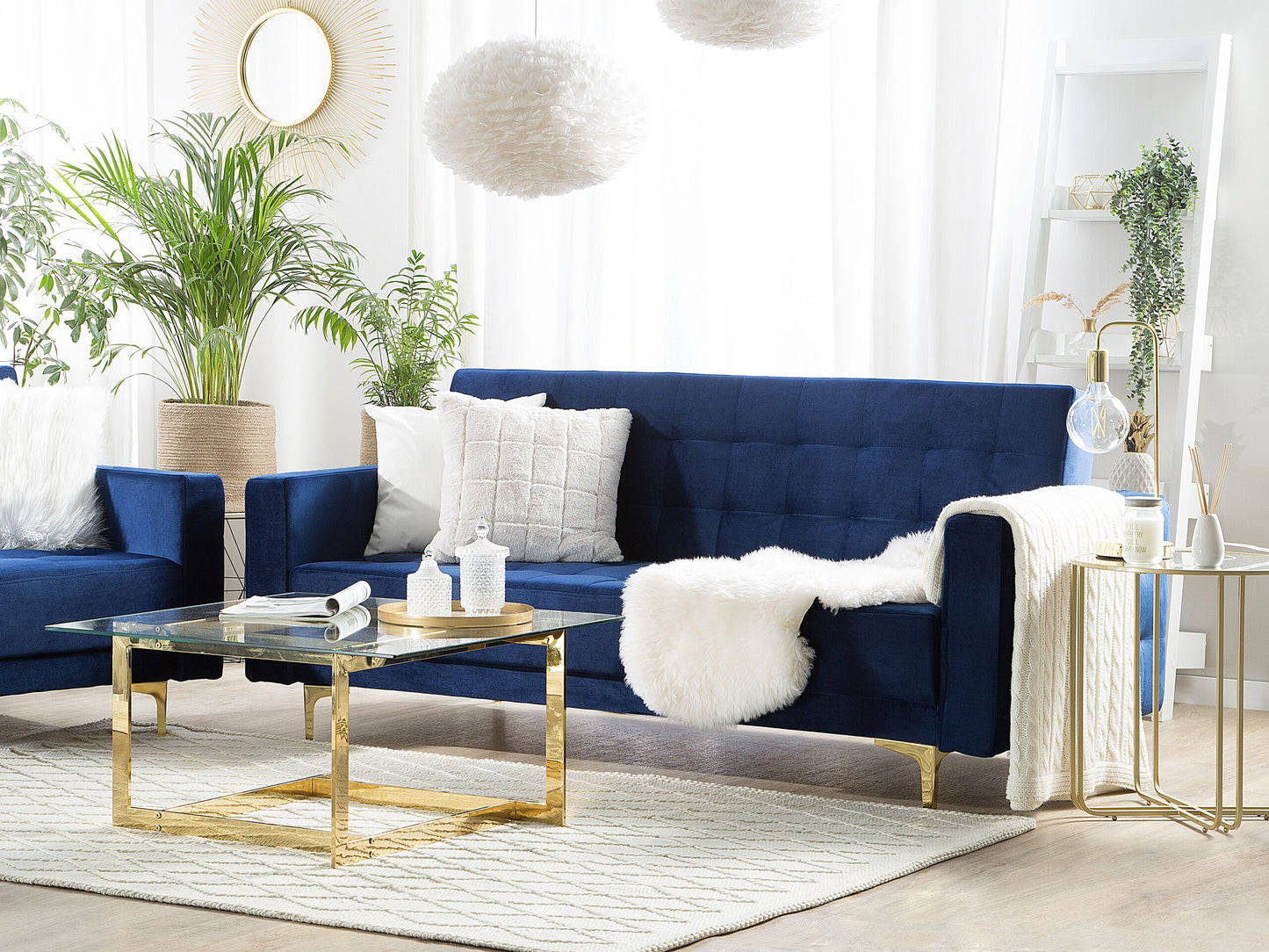 Sofa Bed Navy Blue Velvet Tufted Fabric Modern Living Room Modular 3 Seater Gold Legs Track Arm Beliani