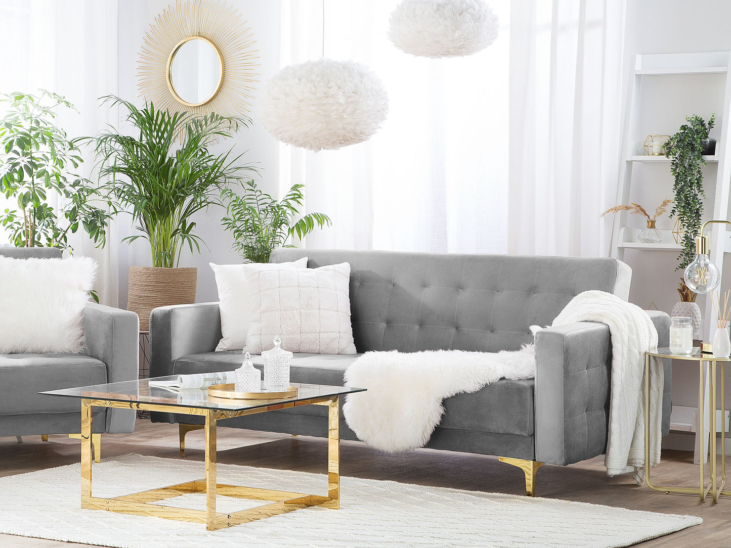 Sofa Bed Grey Velvet Tufted Fabric Modern Living Room Modular 6 Seater Gold Legs Beliani
