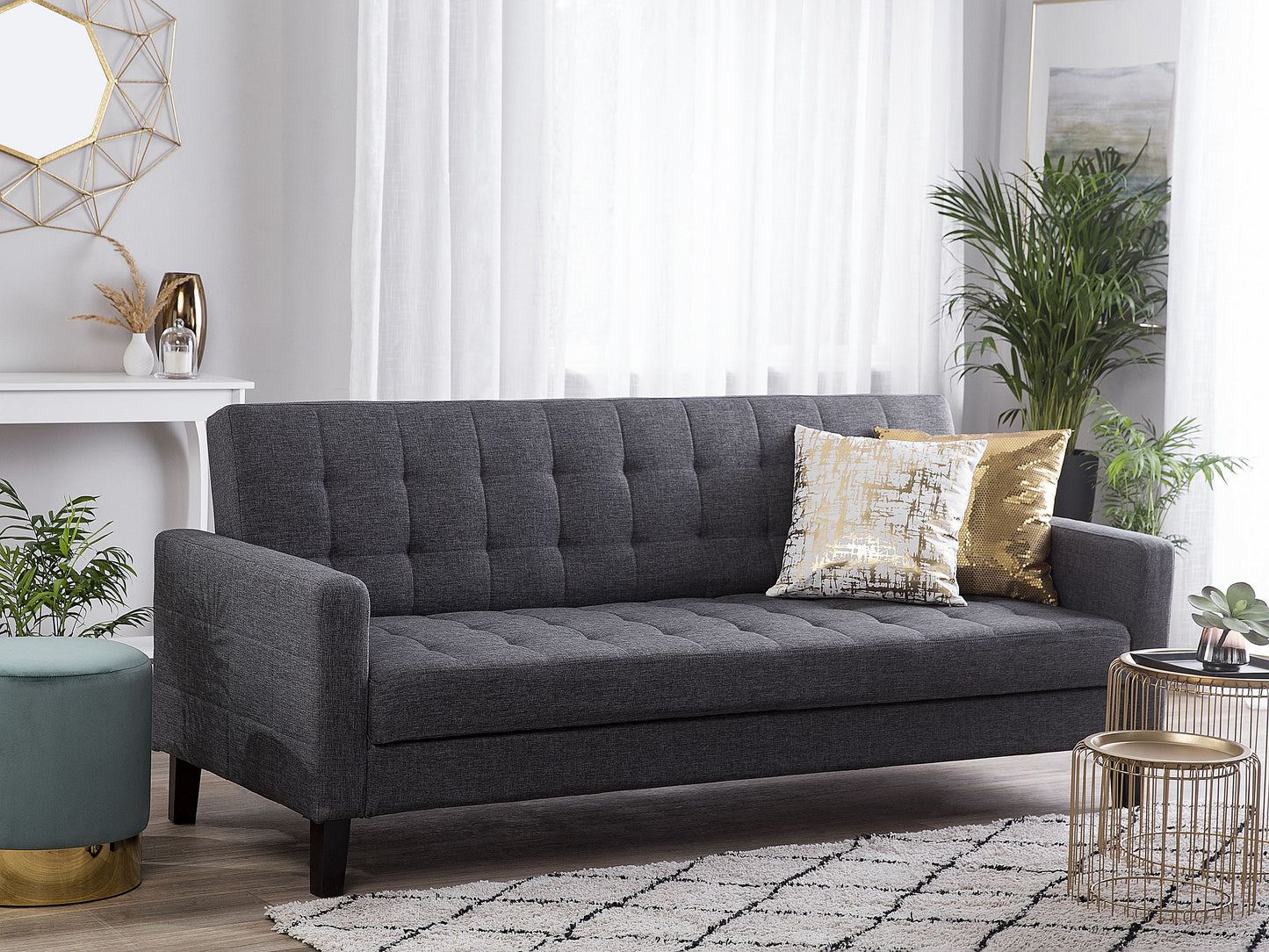 Sofa Bed Dark Grey Fabric 3 Seater Click Clack Quilted Upholstery Beliani