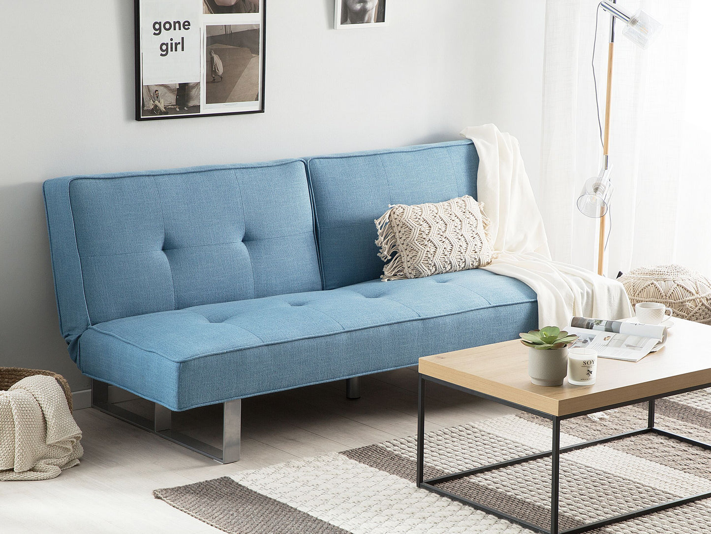 Sofa Bed Blue Fabric Upholstery 3 Seater Reclining Split Backrest Beliani