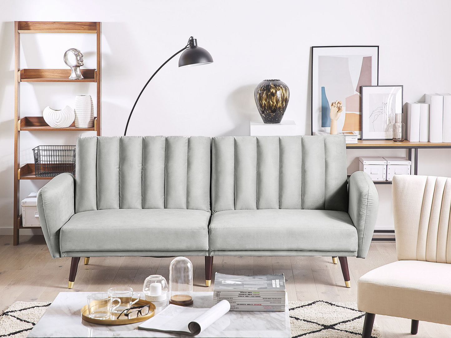 Sofa Bed Light Grey Sleeper Convertible Velvet Upholstery Elegant Glam Modern Living Room Bedroom Beliani
