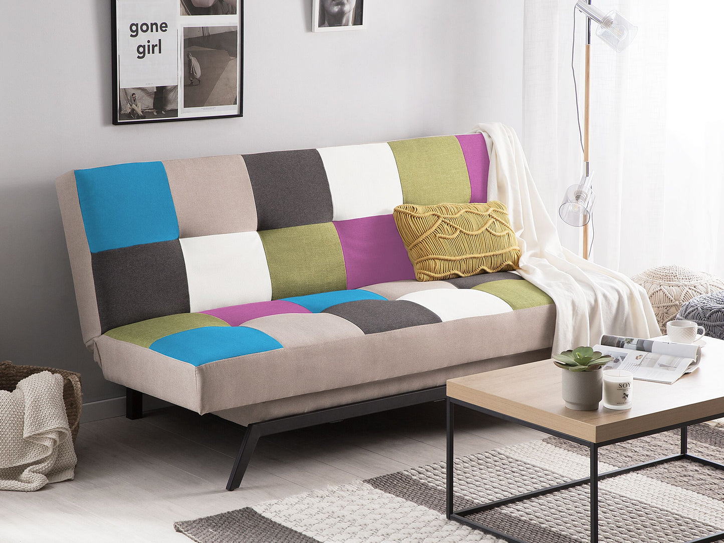 Sofa Bed Multicolour Patchwork Fabric Upholstery 3 Seater Click Clack Mechanism Beliani