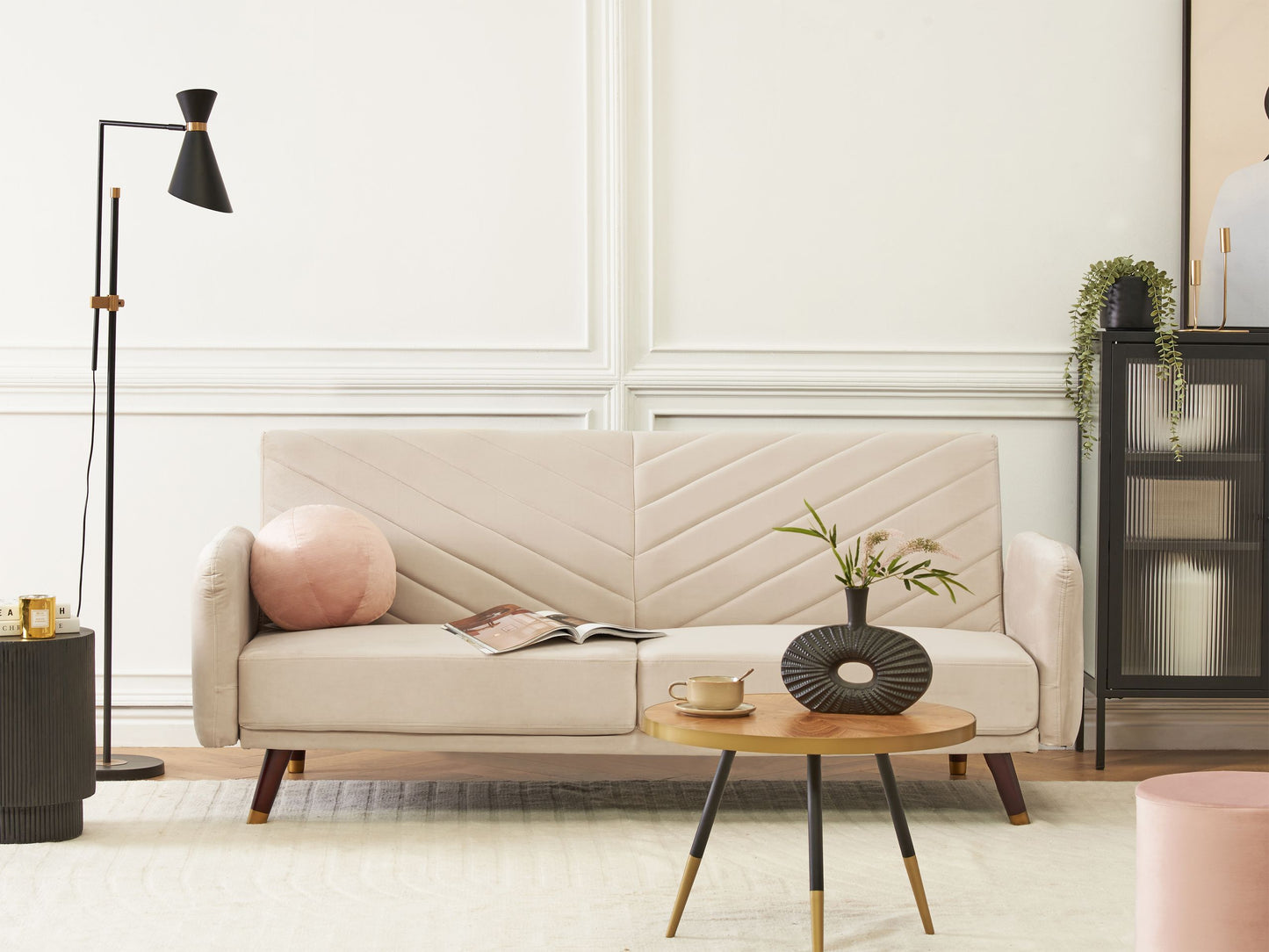 Sofa Bed Beige Velvet Fabric Retro Living Room 3 Seater Wooden Legs Track Arms Beliani