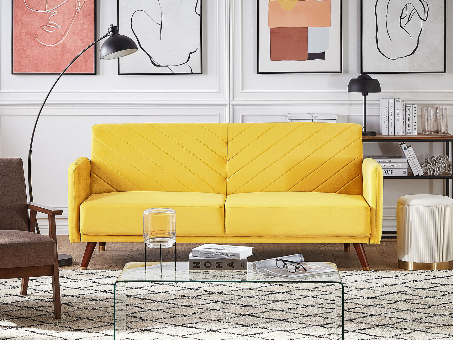 Sofa Bed Yellow Velvet Fabric Retro Living Room 3 Seater Wooden Legs Track Arms Beliani