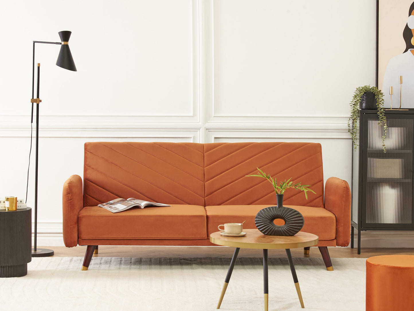Sofa Bed Orange Velvet Fabric Retro Living Room 3 Seater Wooden Legs Track Arms Beliani