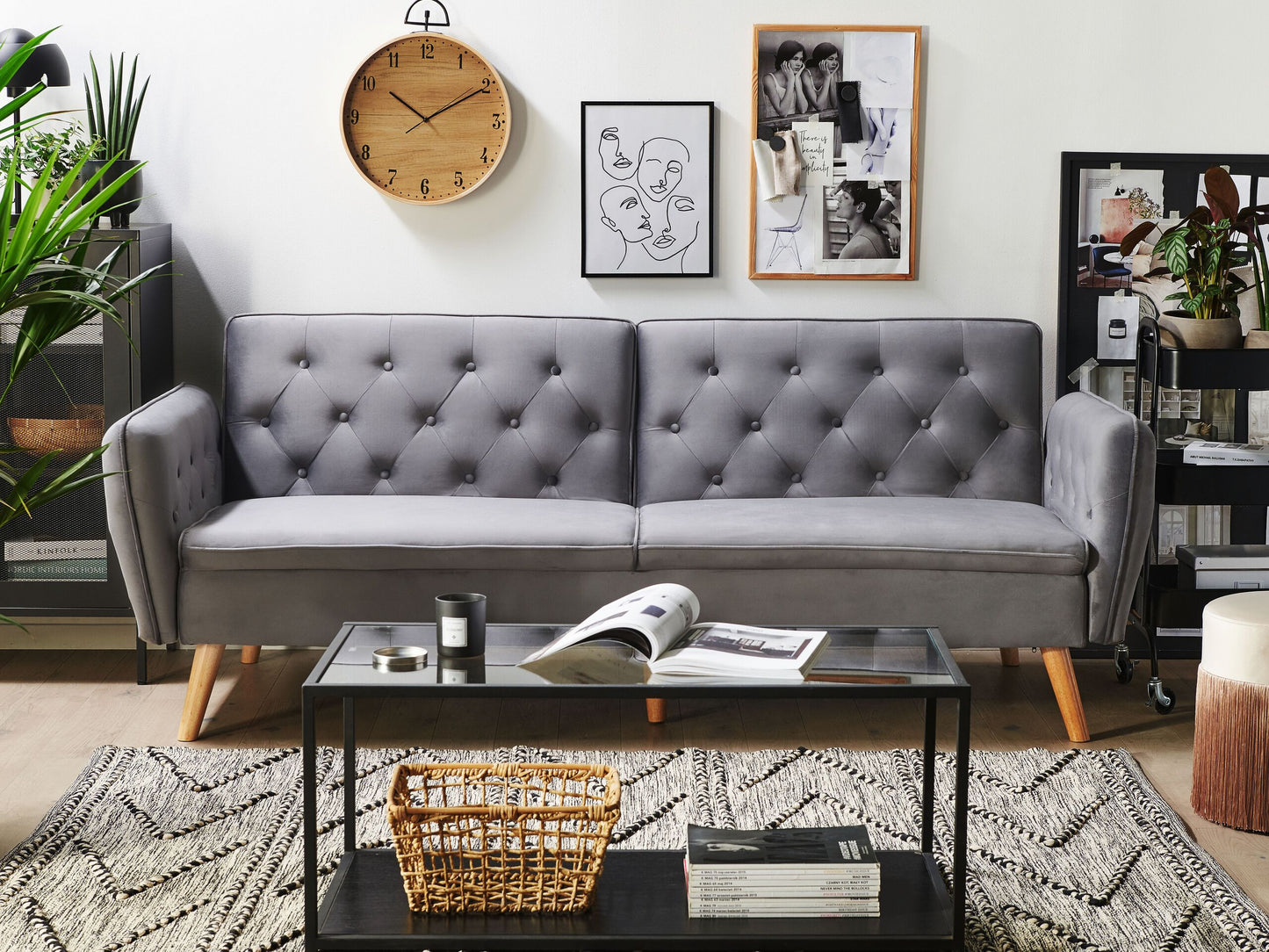 Sofa Bed Grey Velvet Upholstered Convertible Couch Modern Design Buttoned Backrest Beliani