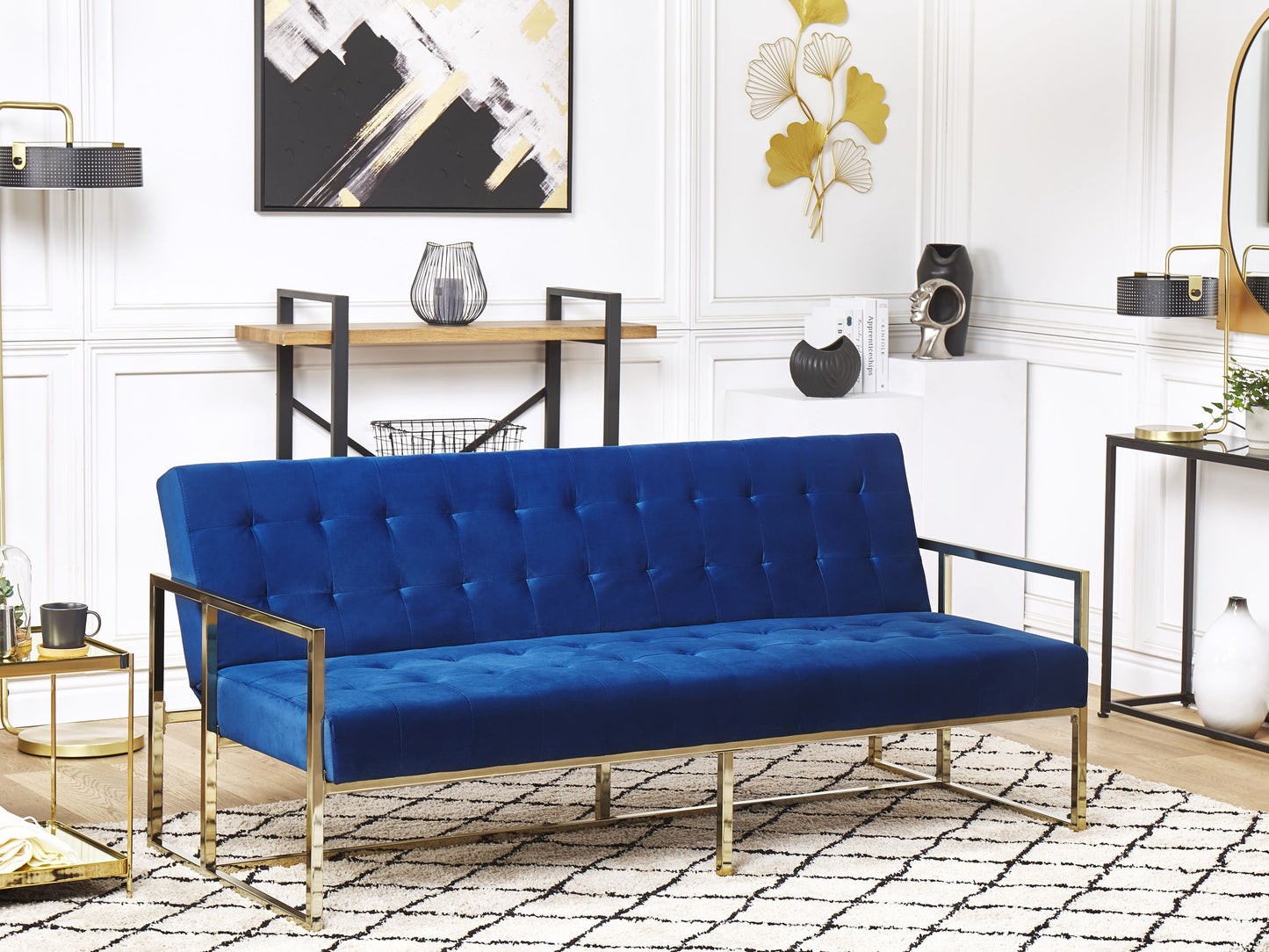 Sofa Bed Blue Velvet Tufted Upholstery 3 Seater Gold Metal Frame with Armrests Retro Style Beliani
