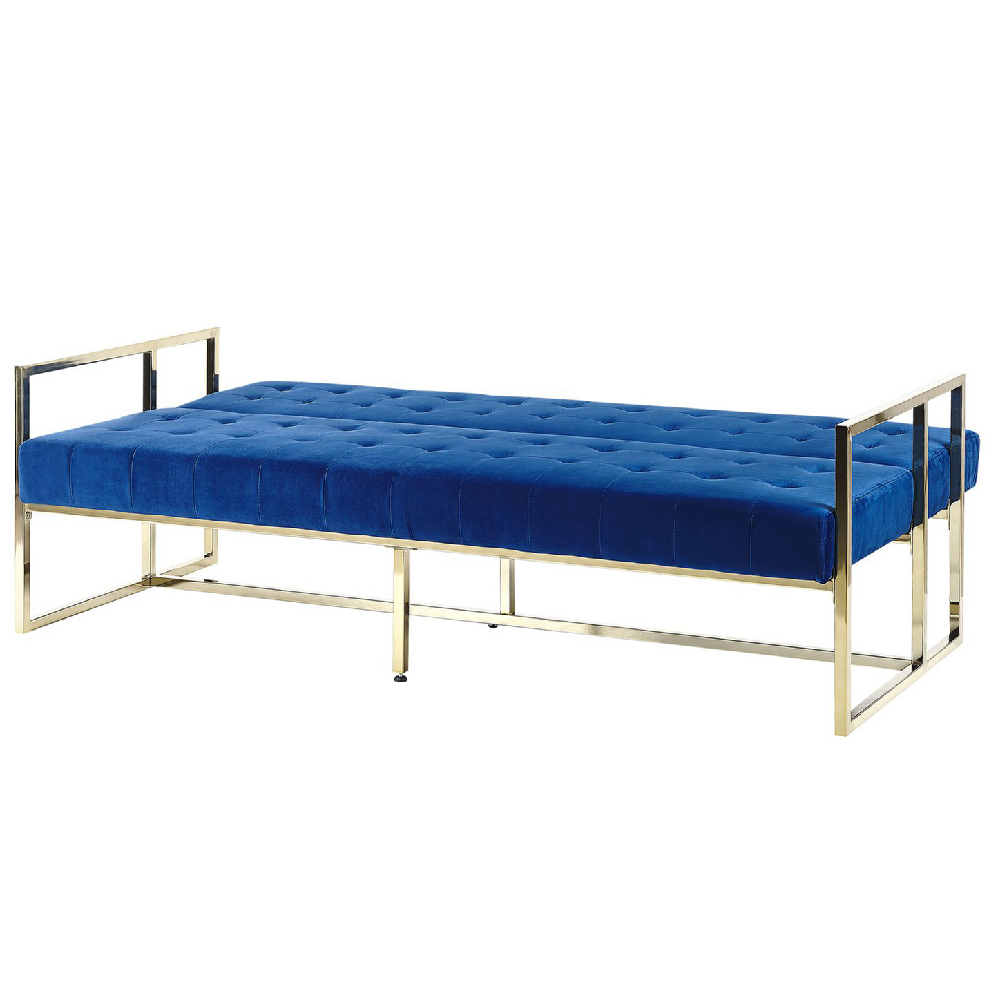 Sofa Bed Blue Velvet Tufted Upholstery 3 Seater Gold Metal Frame with Armrests Retro Style Beliani