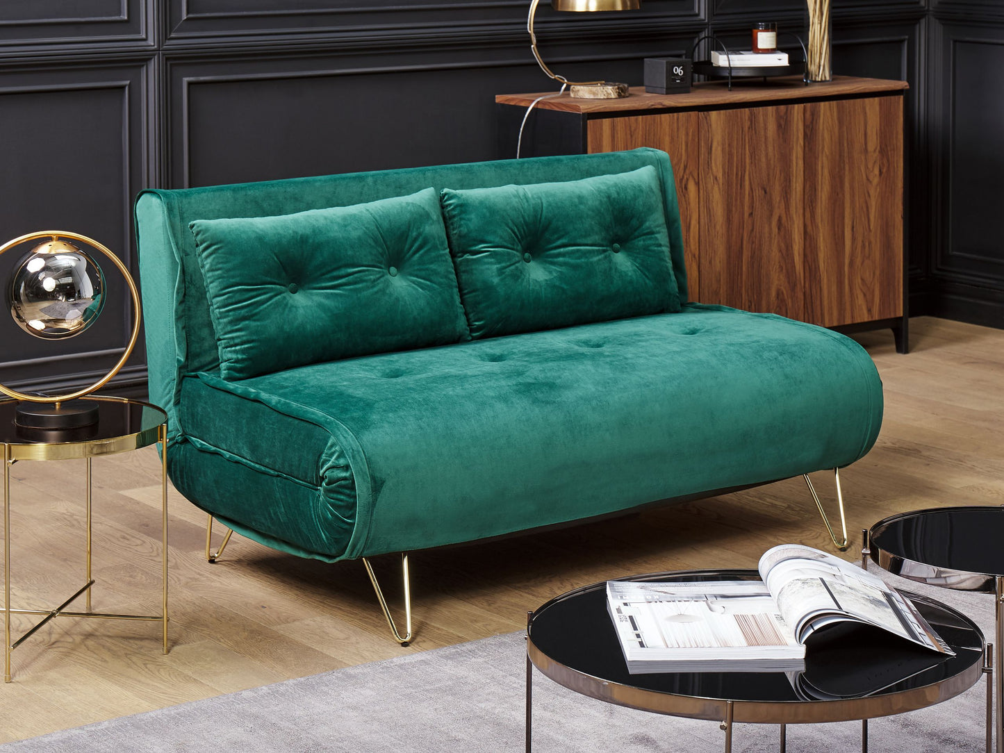 Sofa Bed Dark Green Velvet 2 Seater Fold-Out Sleeper Armless With 2 Cushions Metal Gold Legs Glamour Beliani
