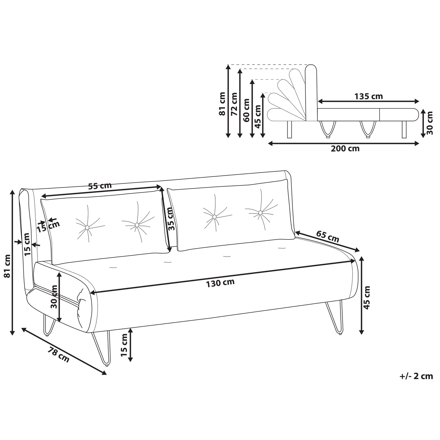 Sofa Bed Grey Velvet 2 Seater Fold-Out Sleeper Armless With 2 Cushions Metal Gold Legs Glamour Beliani