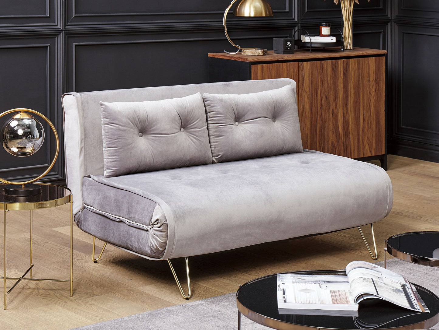 Sofa Bed Grey Velvet 2 Seater Fold-Out Sleeper Armless With 2 Cushions Metal Gold Legs Glamour Beliani