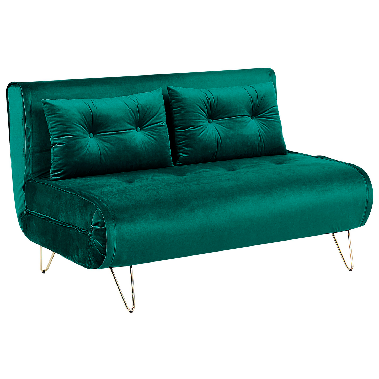 Sofa Bed Dark Green Velvet 2 Seater Fold-Out Sleeper Armless With 2 Cushions Metal Gold Legs Glamour Beliani