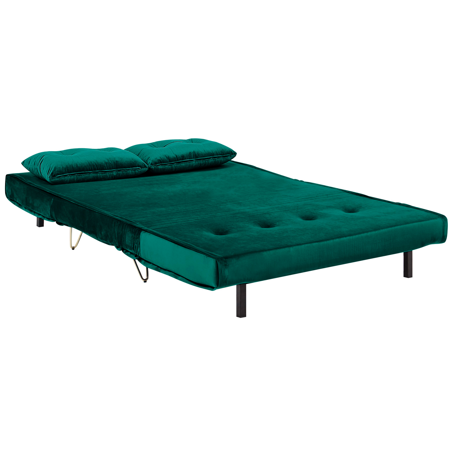 Sofa Bed Dark Green Velvet 2 Seater Fold-Out Sleeper Armless With 2 Cushions Metal Gold Legs Glamour Beliani