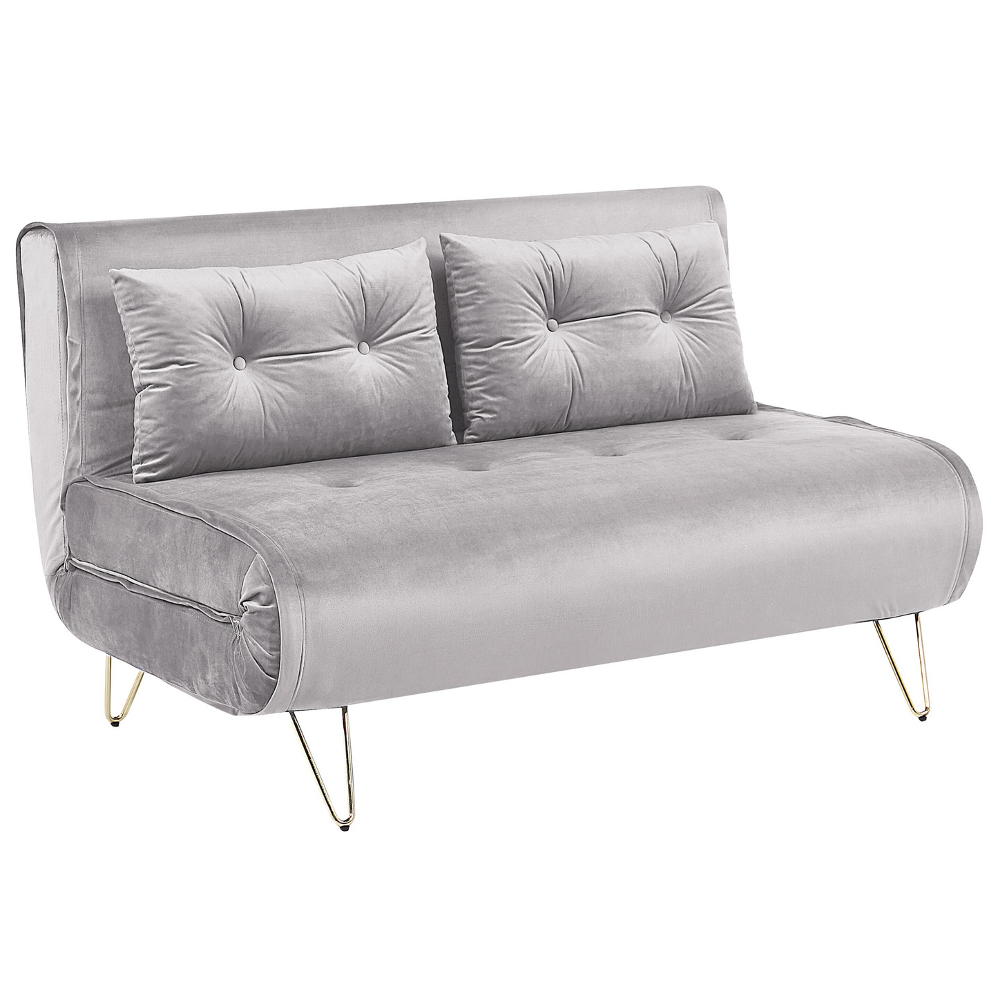 Sofa Bed Grey Velvet 2 Seater Fold-Out Sleeper Armless With 2 Cushions Metal Gold Legs Glamour Beliani