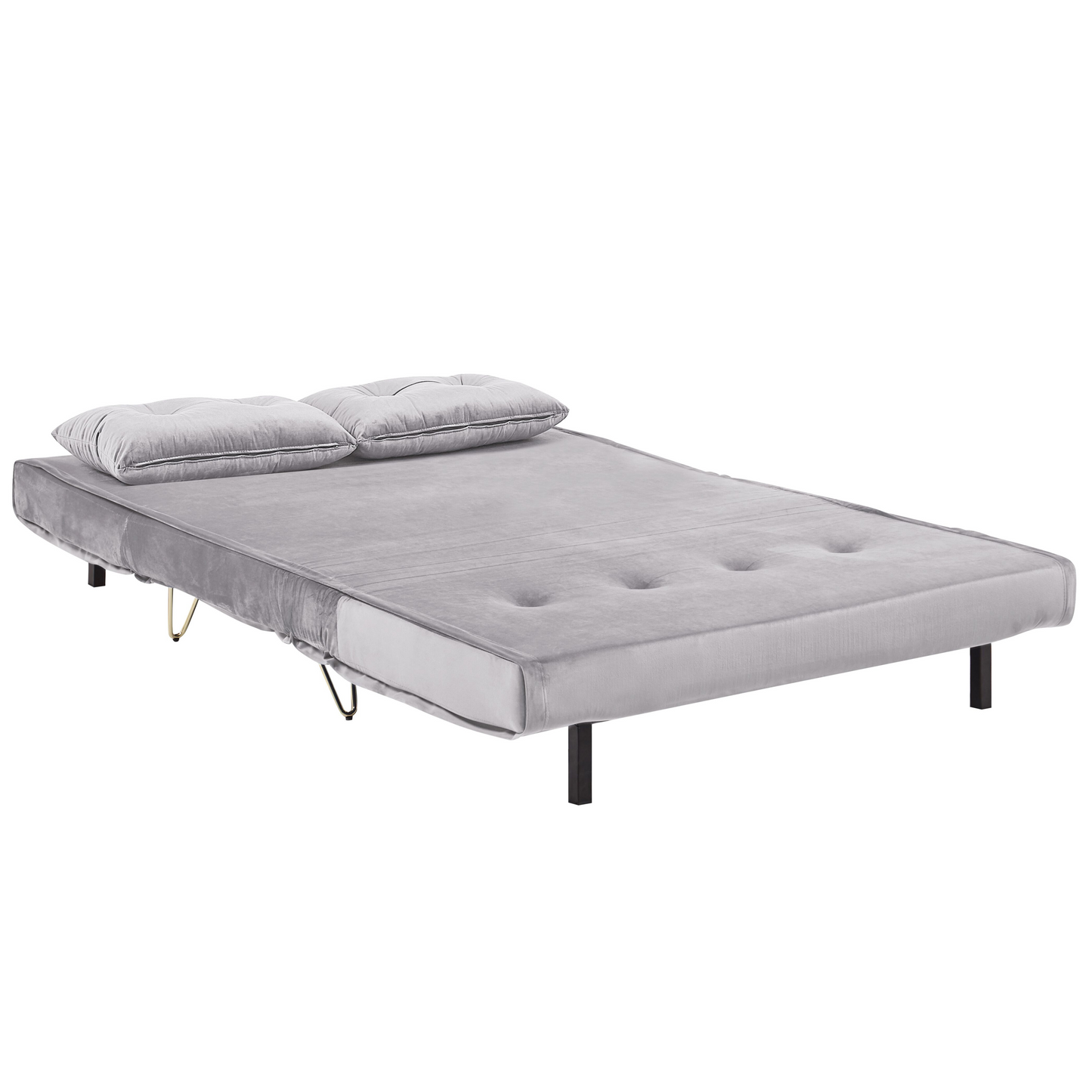 Sofa Bed Grey Velvet 2 Seater Fold-Out Sleeper Armless With 2 Cushions Metal Gold Legs Glamour Beliani