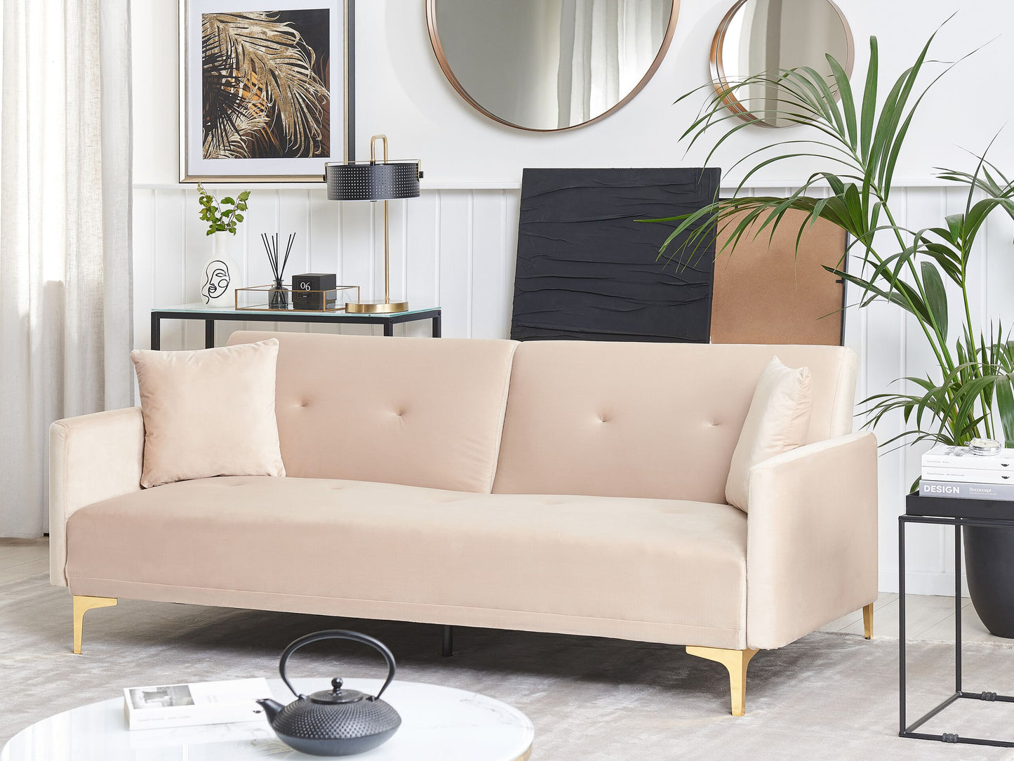 Sofa Bed Beige Velvet 3 Seater Buttoned Seat Click Clack Traditional Living Room Beliani