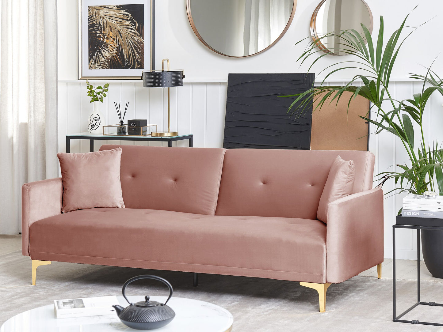 Sofa Bed Pink Velvet 3 Seater Buttoned Seat Click Clack Traditional Living Room Beliani