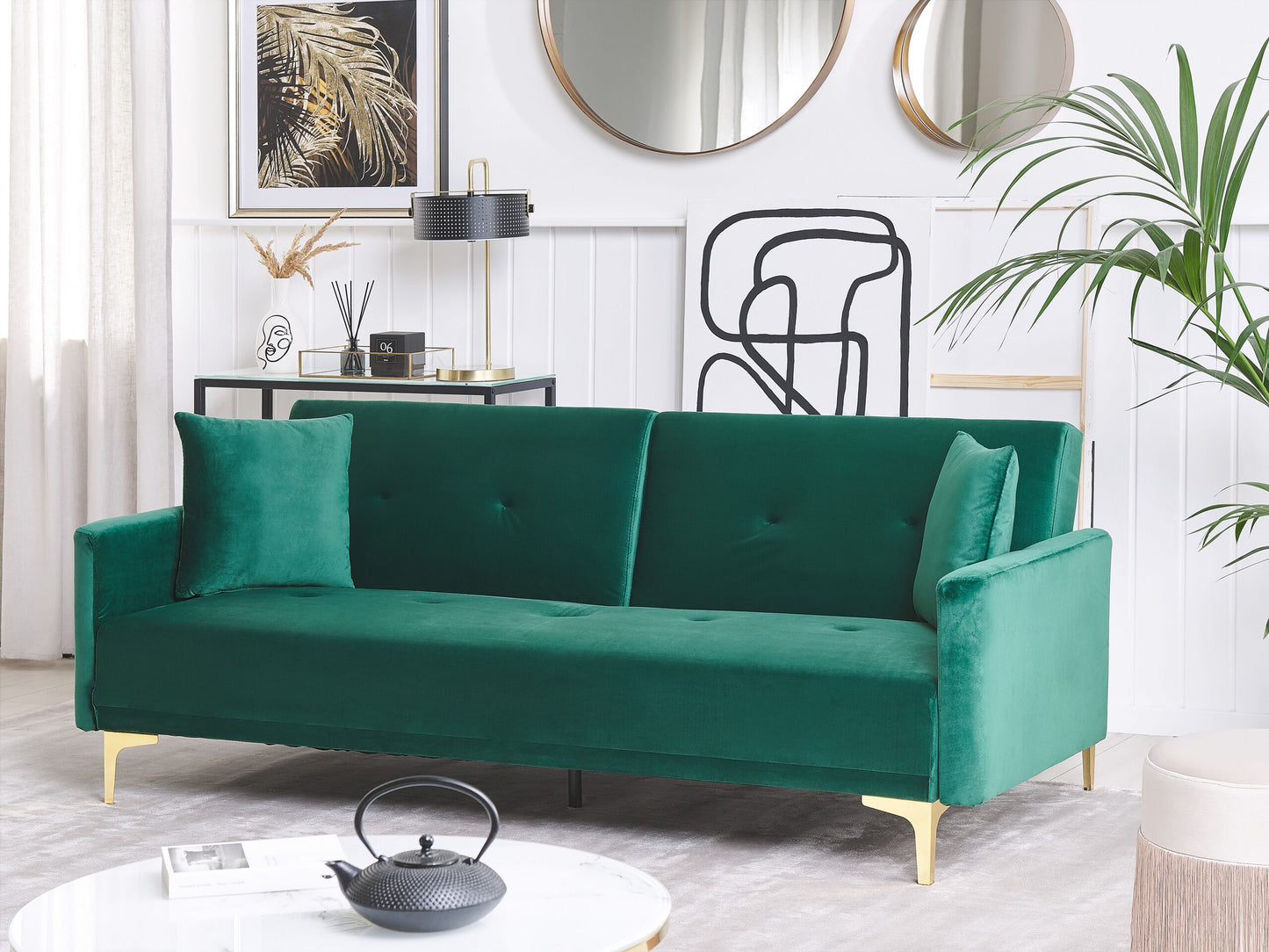Sofa Bed Green Velvet 3 Seater Buttoned Seat Click Clack Traditional Living Room Beliani