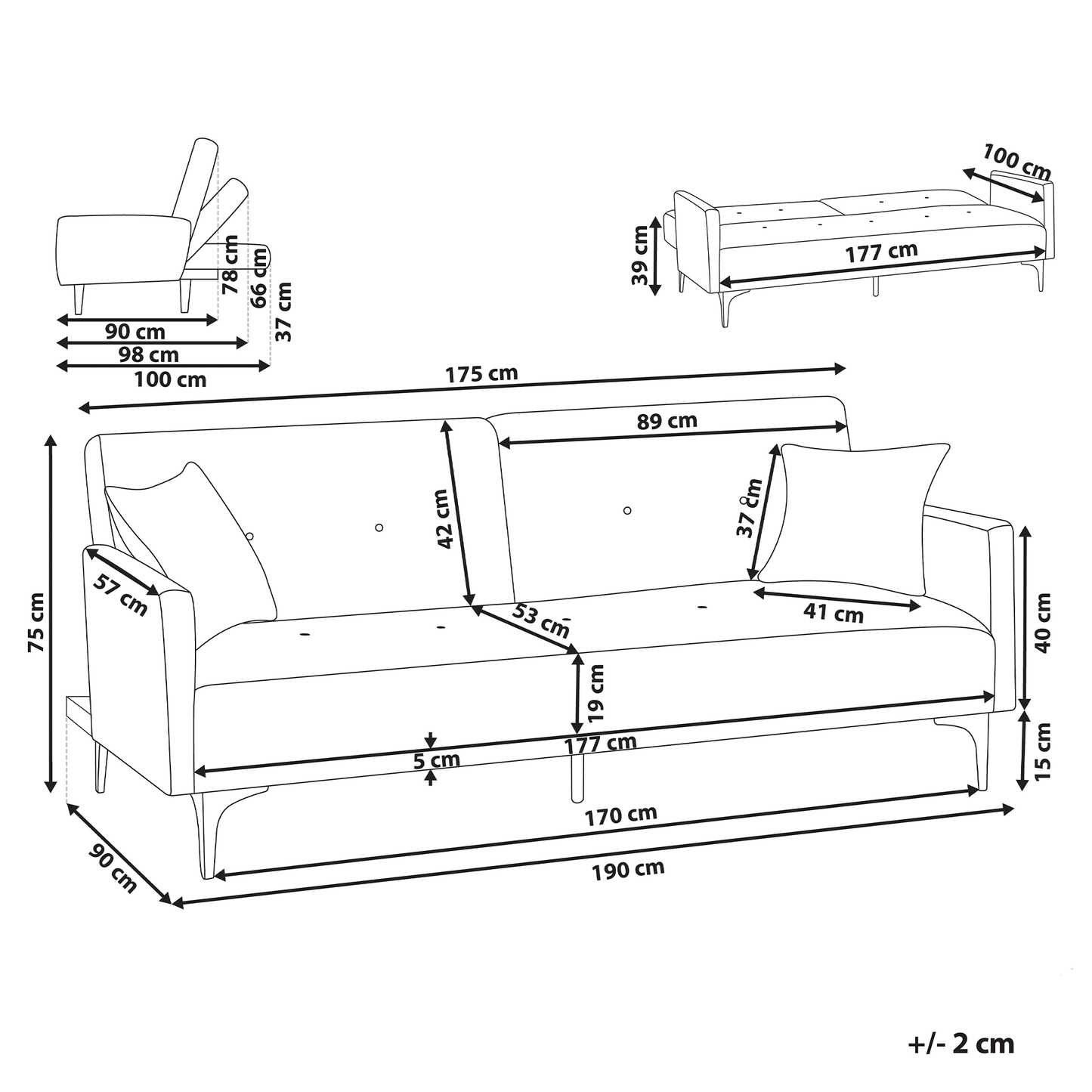 Sofa Bed Grey 3 Seater Buttoned Seat Click Clack Beliani