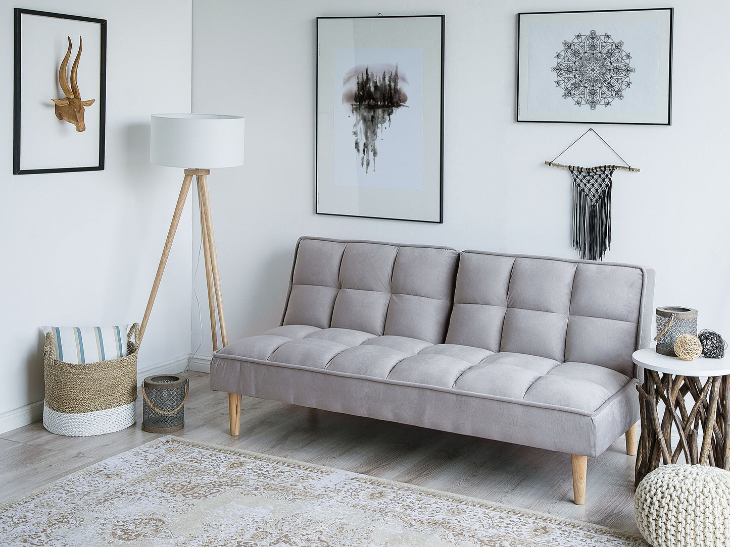 Sofa Bed Light Grey 3 Seater Reclining Back Quilted Beliani