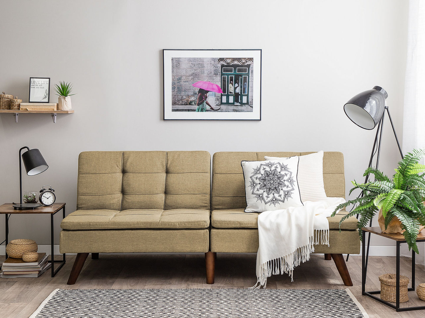 Sofa Bed Light Brown 3-Seater Quilted Upholstery Click Clack Split Back Metal Legs Beliani