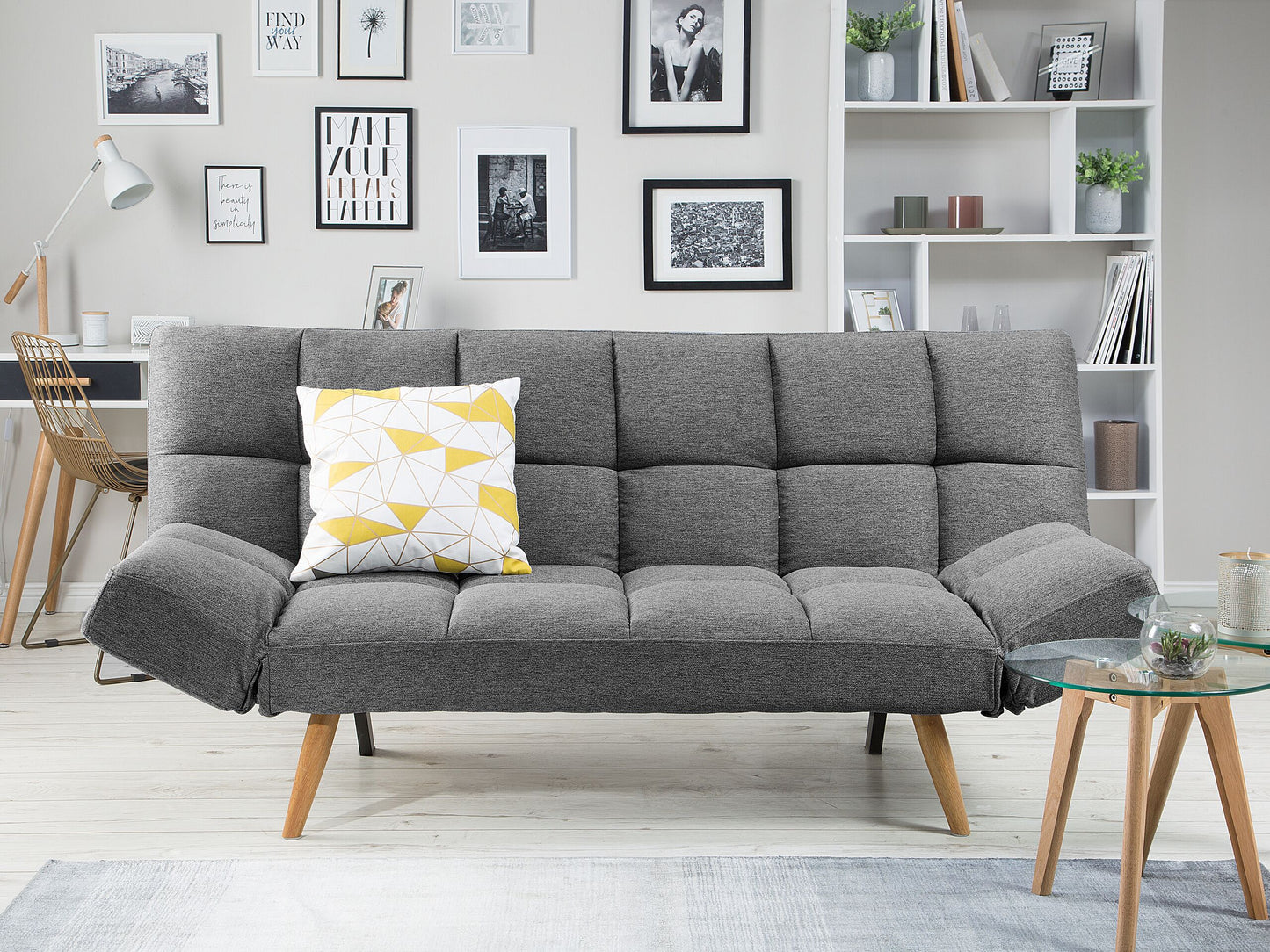 Sofa Bed Grey Fabric Upholstered 3 Seater Reclining Backrest Square Quilted Beliani