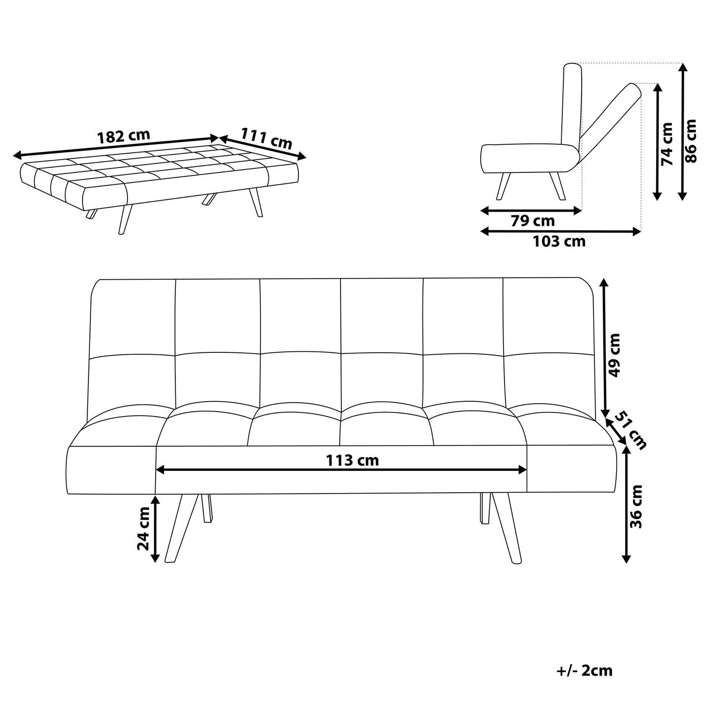 Sofa Bed Grey Fabric Upholstered 3 Seater Reclining Backrest Square Quilted Beliani