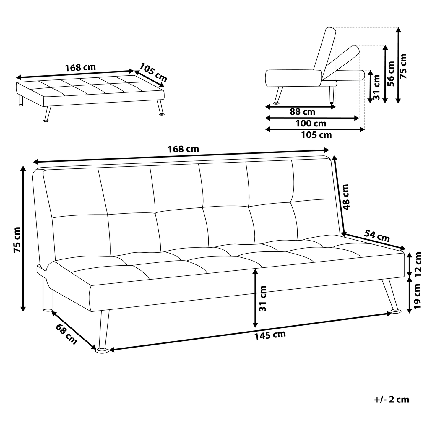 Sofa Bed Beige 3-Seater Quilted Upholstery Click Clack Metal Legs Beliani