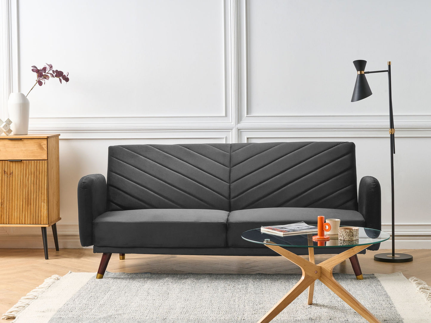 Sofa Bed Dark Black Velvet Fabric Modern Living Room 3 Seater Wooden Legs Track Arm Beliani