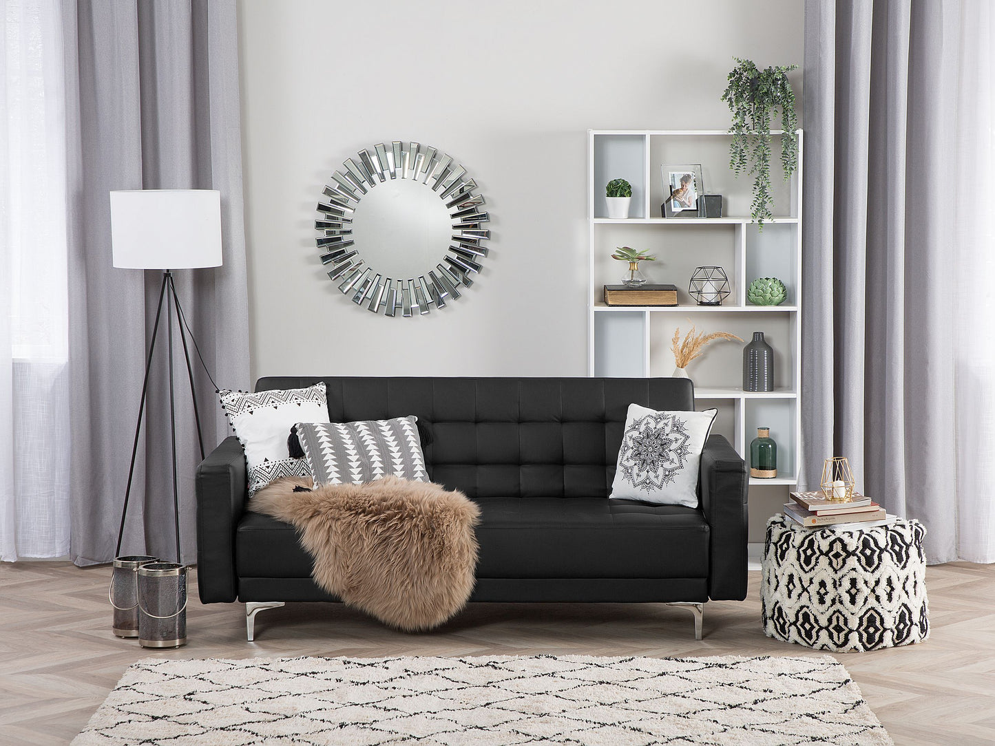 Sofa Bed Black Faux Leather Tufted Modern Living Room Modular 3 Seater Silver Legs Track Arm Beliani