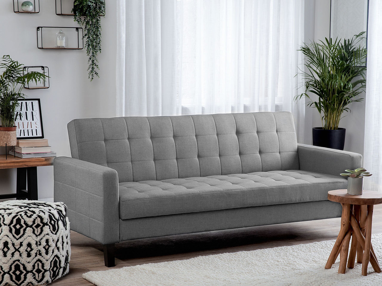 Sofa Bed Light Grey Fabric 3 Seater Click Clack Quilted Upholstery Beliani