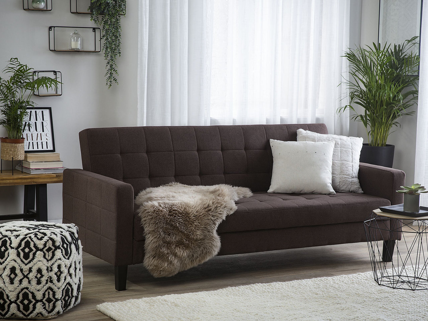 Sofa Bed Brown Fabric 3 Seater Click Clack Quilted Upholstery Beliani