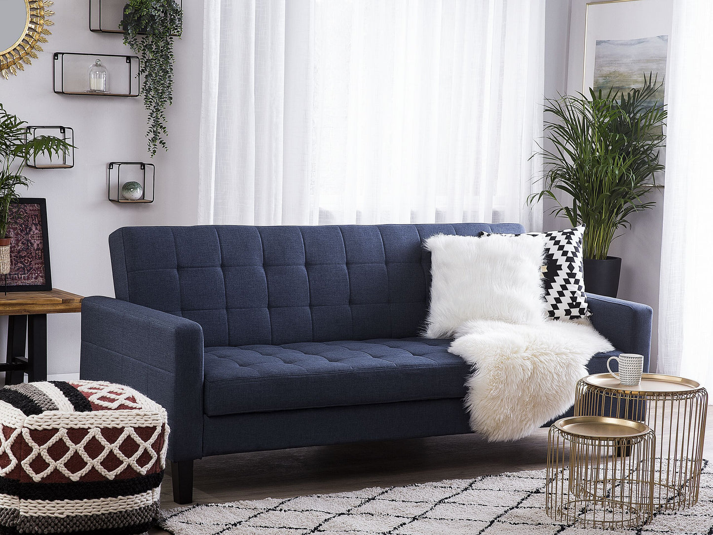 Sofa Bed Dark Blue Fabric 3 Seater Click Clack Quilted Upholstery Beliani