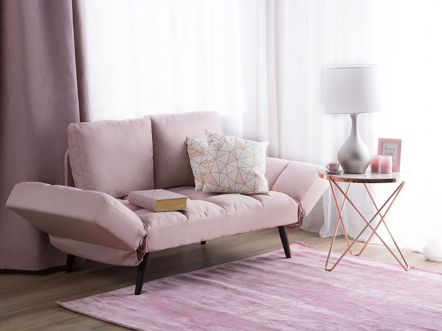 Sofa Bed Pink Loveseat Adjustable Armrests Minimalist Beliani